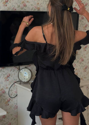 Noir Crinkle Satin Ruffle Playsuit