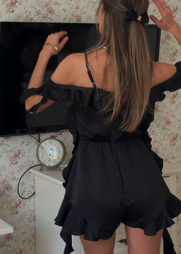 Noir Crinkle Satin Ruffle Playsuit