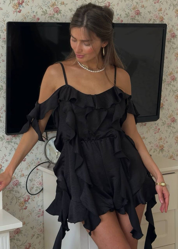 Noir Crinkle Satin Ruffle Playsuit