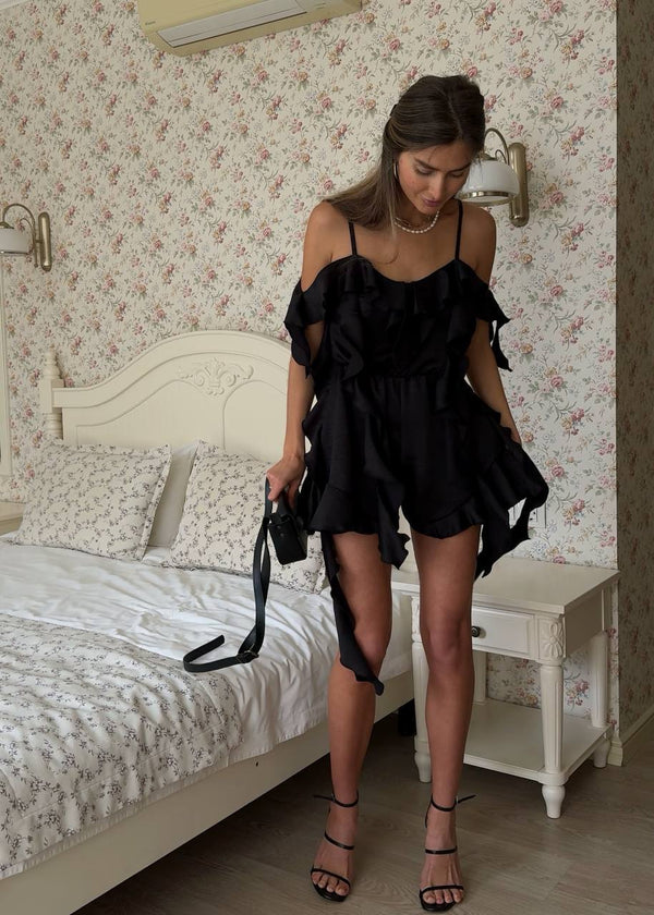 Noir Crinkle Satin Ruffle Playsuit