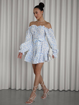 Sky Bloom Off-Shoulder Muslin Dress