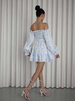 Sky Bloom Off-Shoulder Muslin Dress