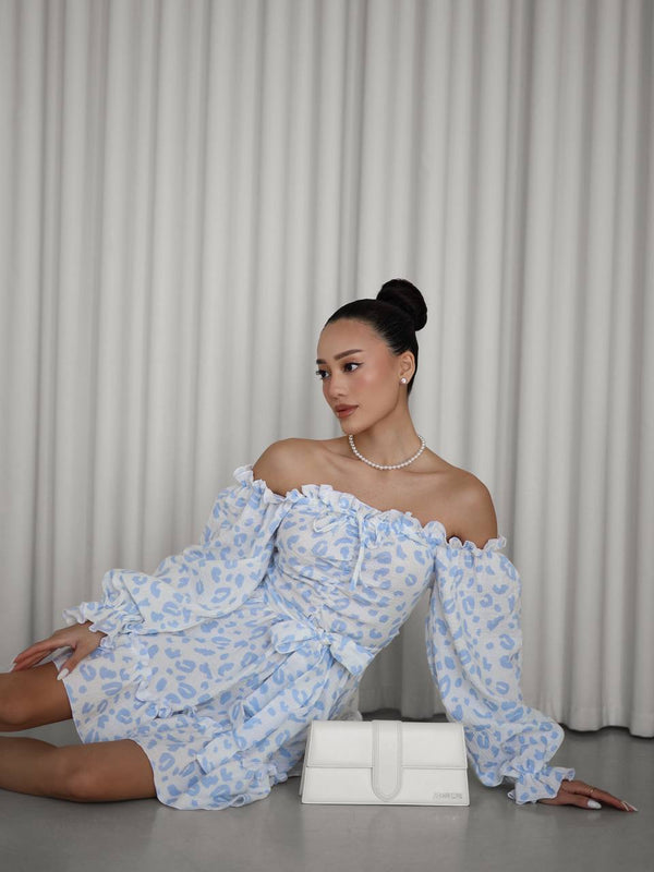 Sky Bloom Off-Shoulder Muslin Dress