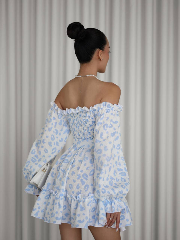 Sky Bloom Off-Shoulder Muslin Dress
