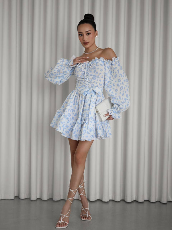 Sky Bloom Off-Shoulder Muslin Dress