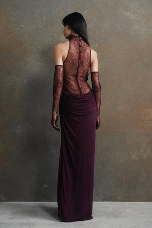 Abito lungo in pizzo bordeaux + guanti