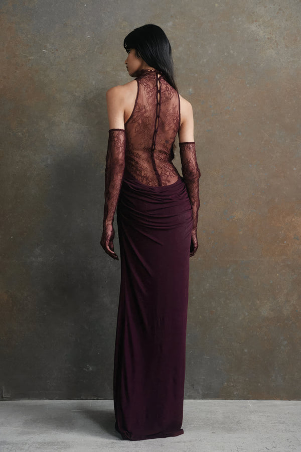 Abito lungo in pizzo bordeaux + guanti