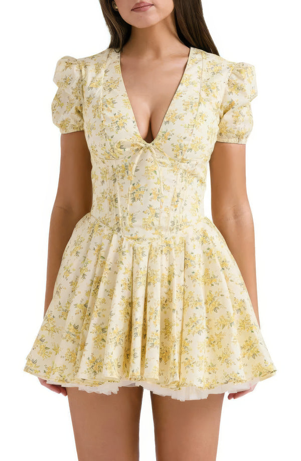 Robe mini jaune à manches bouffantes