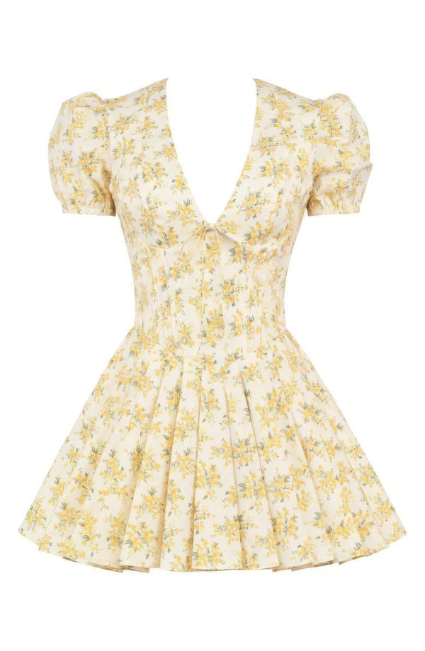 Robe mini jaune à manches bouffantes