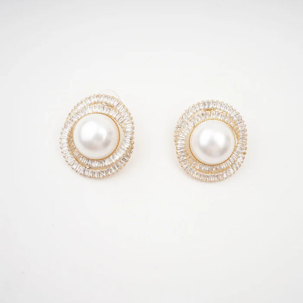 Oval Crystal Pearl Stud Earrings