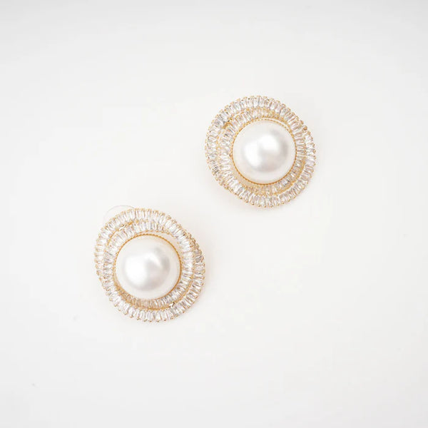 Oval Crystal Pearl Stud Earrings