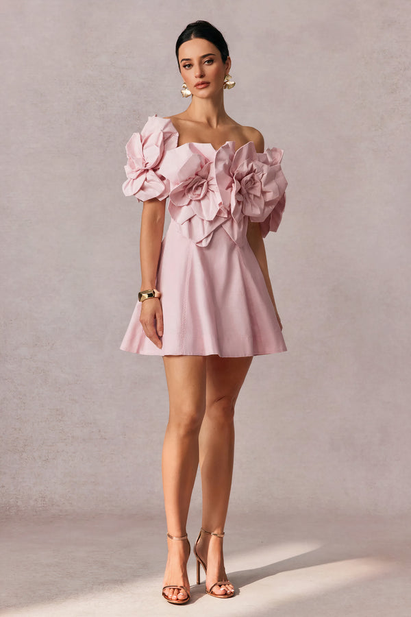 Rosa Minikleid mit 3D-Blumen