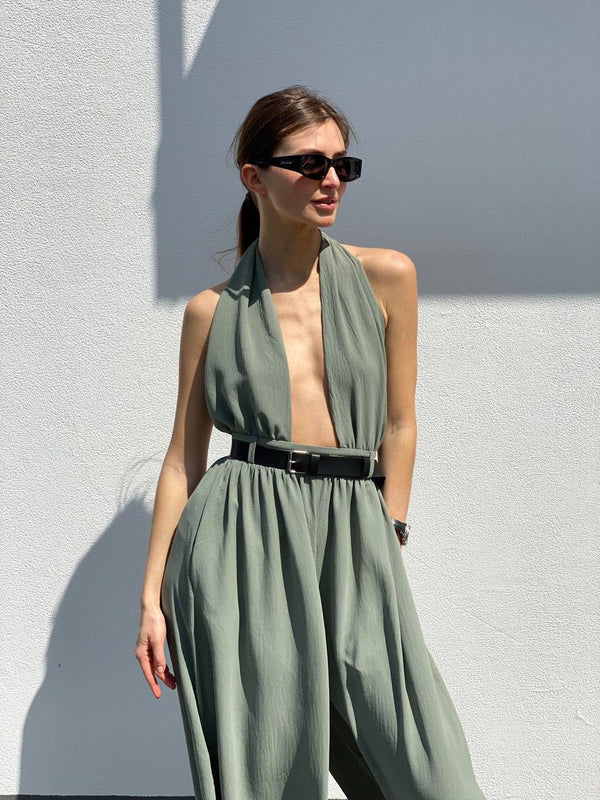 Olive Halter-Back Jumpsuit