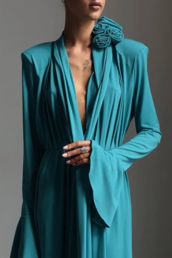 Petrolfarbenes Maxikleid mit Rosetten