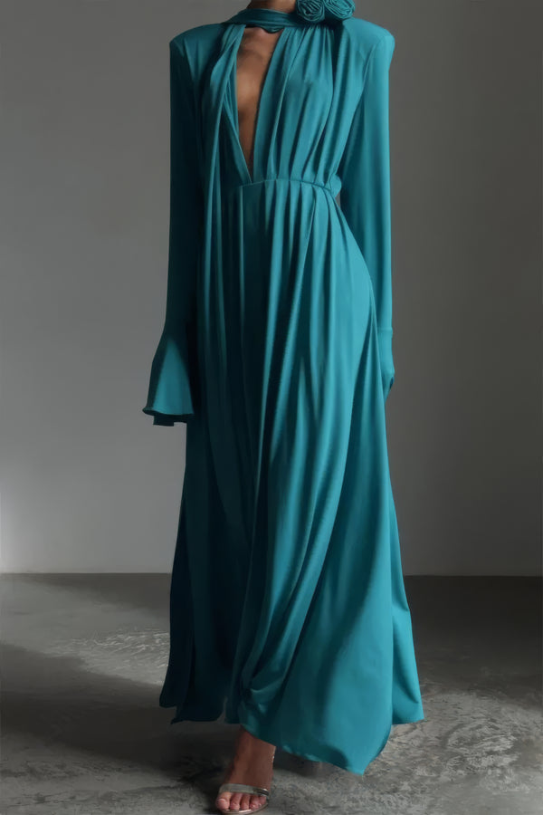 Petrolfarbenes Maxikleid mit Rosetten