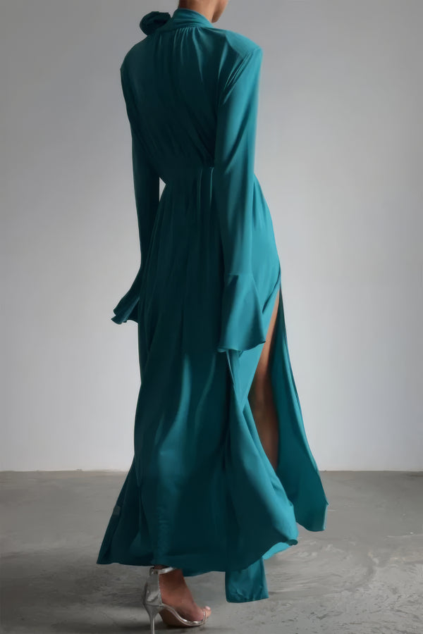 Petrolfarbenes Maxikleid mit Rosetten