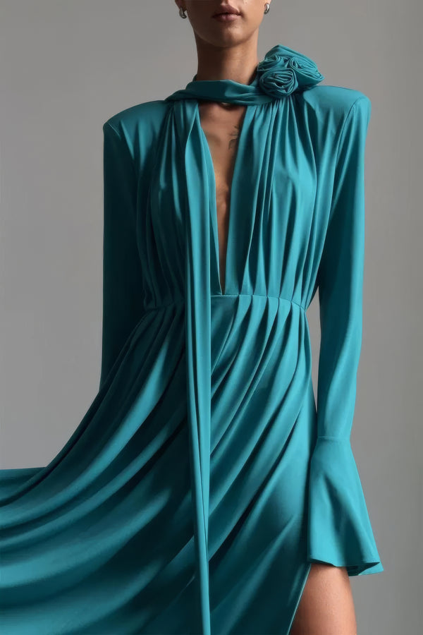 Petrolfarbenes Maxikleid mit Rosetten