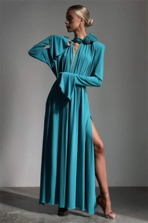Petrolfarbenes Maxikleid mit Rosetten