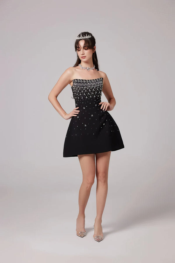 Black Crystal Strapless Mini Dress