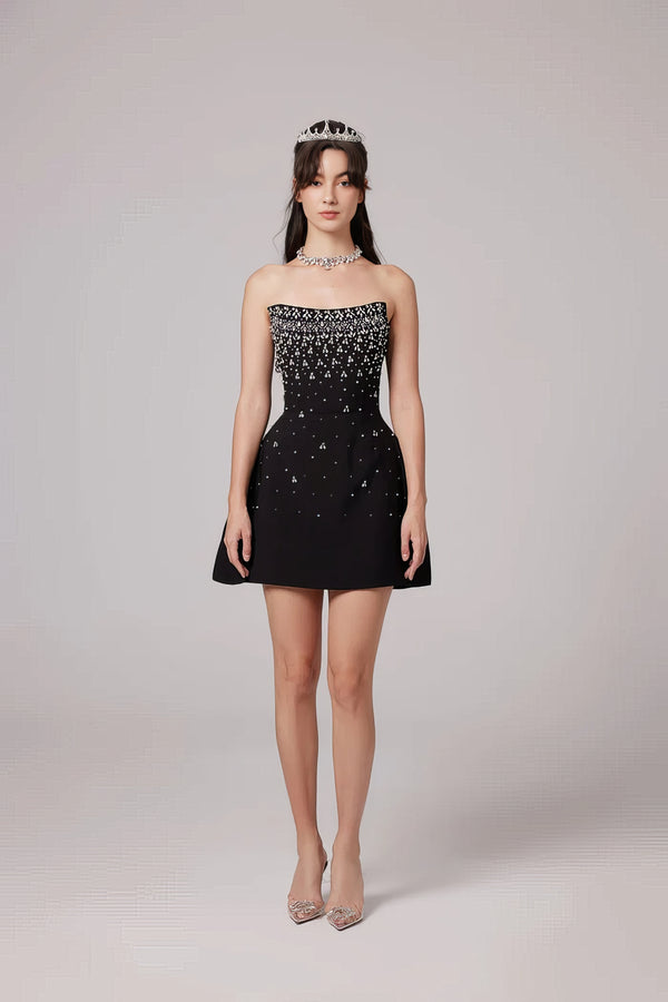 Black Crystal Strapless Mini Dress