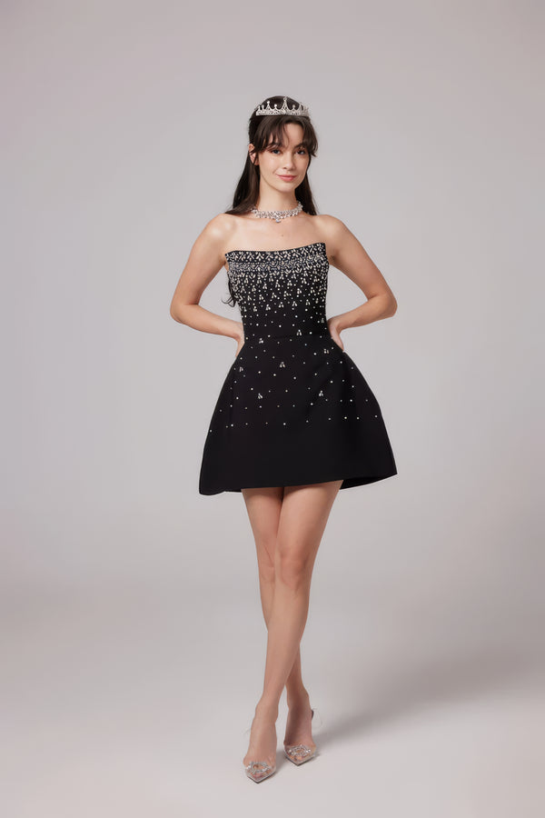 Black Crystal Strapless Mini Dress