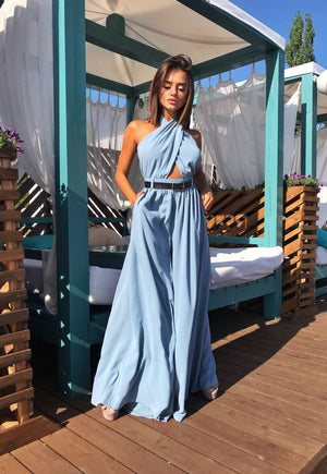 Denim-Blue Halter-Back Jumpsuit