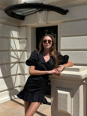 Black Wrap Ruffle Mini Dress