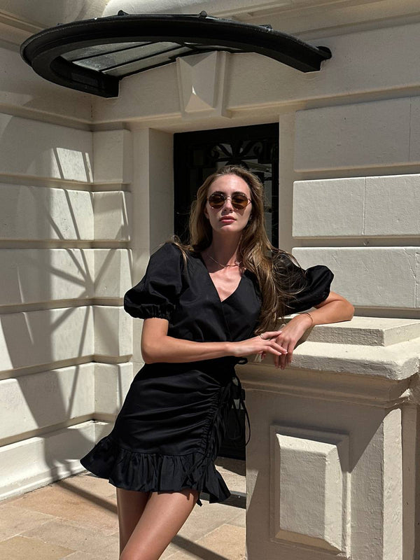 Black Wrap Ruffle Mini Dress
