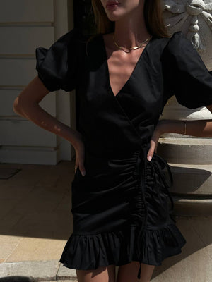 Black Wrap Ruffle Mini Dress