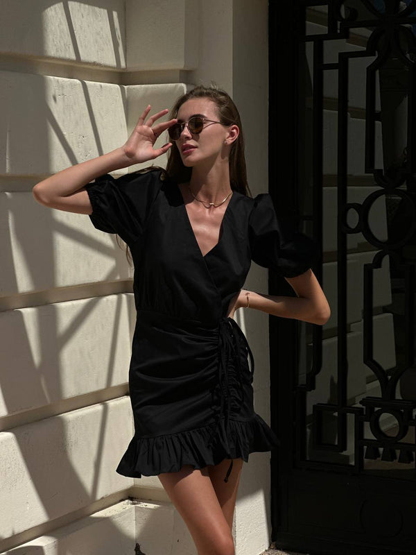 Black Wrap Ruffle Mini Dress