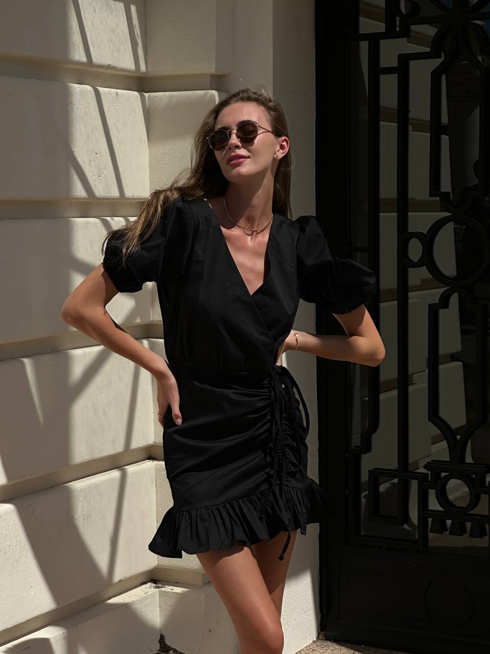 Black Wrap Ruffle Mini Dress