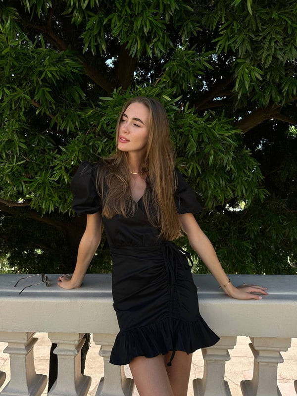 Black Wrap Ruffle Mini Dress