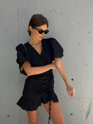 Black Wrap Ruffle Mini Dress