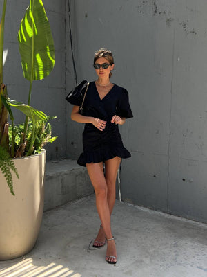Black Wrap Ruffle Mini Dress