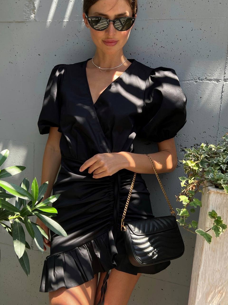 Black Wrap Ruffle Mini Dress
