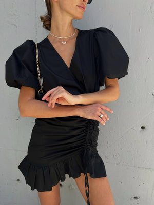 Black Wrap Ruffle Mini Dress