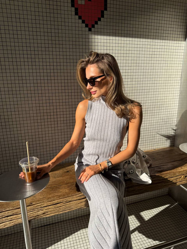 Grey Ribbed Knit Skirt Set