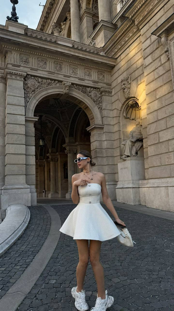 Ivory Tweed Strapless Mini Dress