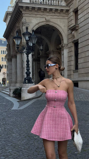 Pink Tweed Strapless Mini Dress