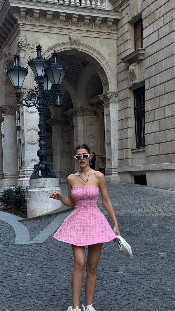 Pink Tweed Strapless Mini Dress