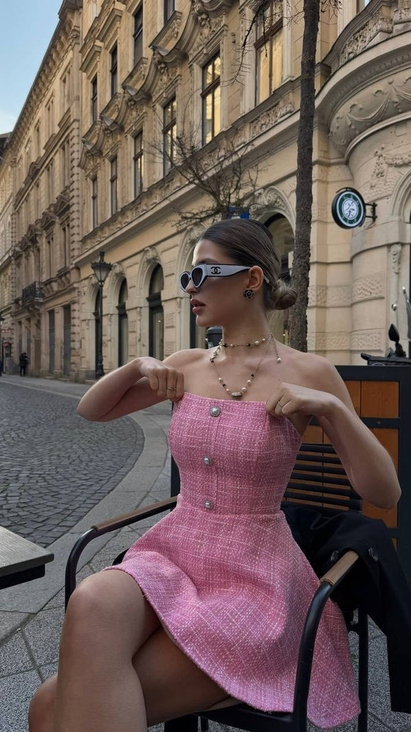 Pink Tweed Strapless Mini Dress