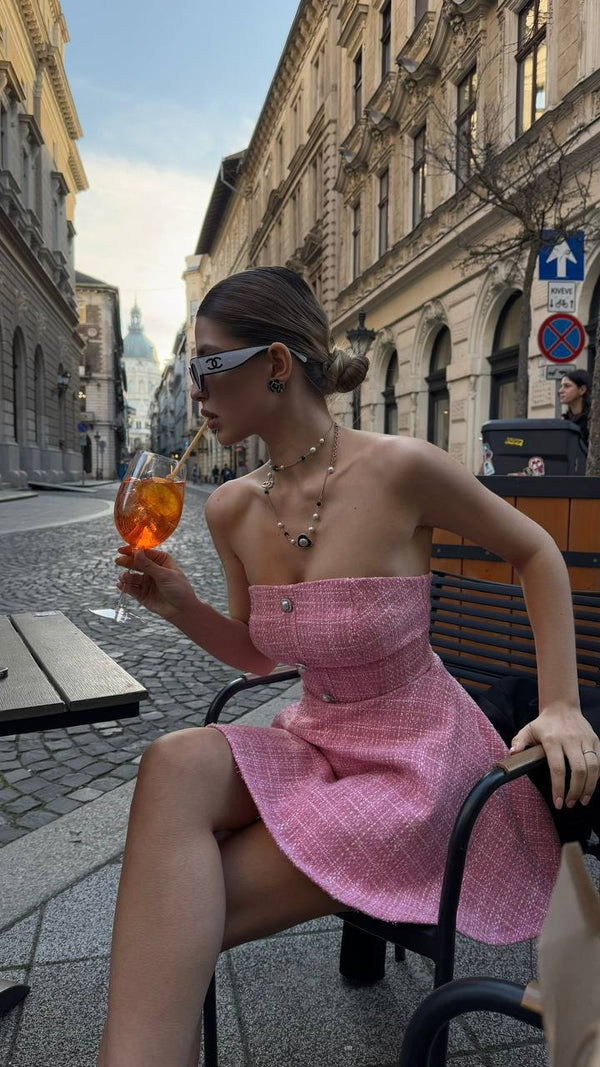 Pink Tweed Strapless Mini Dress