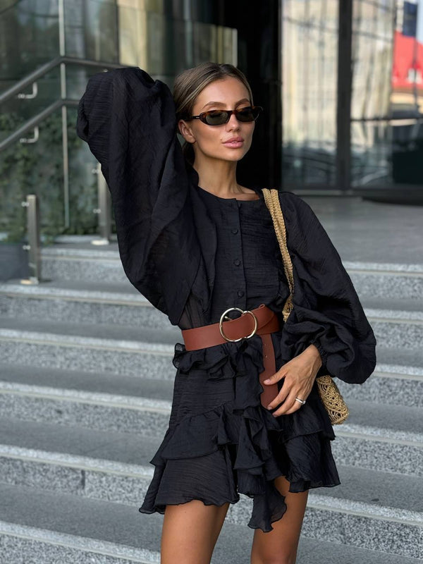 Black Sicily Ruffle Mini Dress