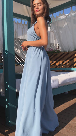 Denim-Blue Halter-Back Jumpsuit