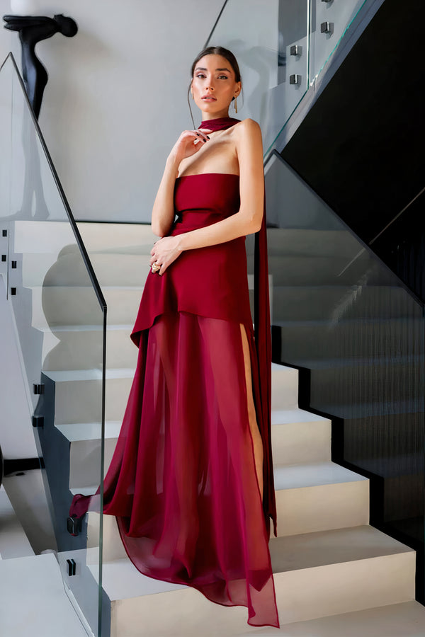 Abito in chiffon bordeaux senza spalline