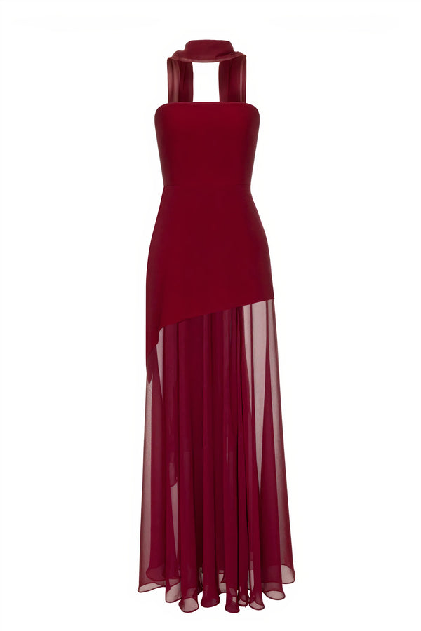 Abito in chiffon bordeaux senza spalline