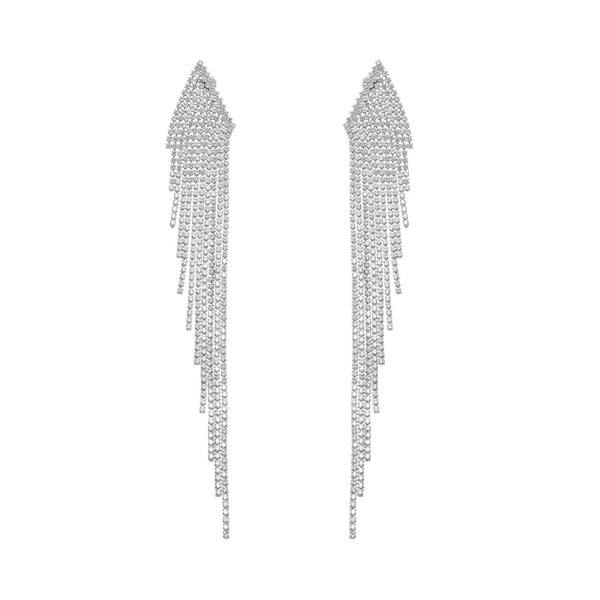 Silver Long Tassel Earrings with Crystal Strands