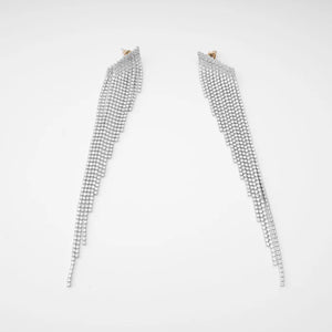 Silver Long Tassel Earrings with Crystal Strands