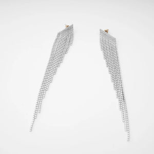 Silver Long Tassel Earrings with Crystal Strands