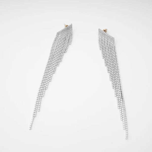 Silver Long Tassel Earrings with Crystal Strands
